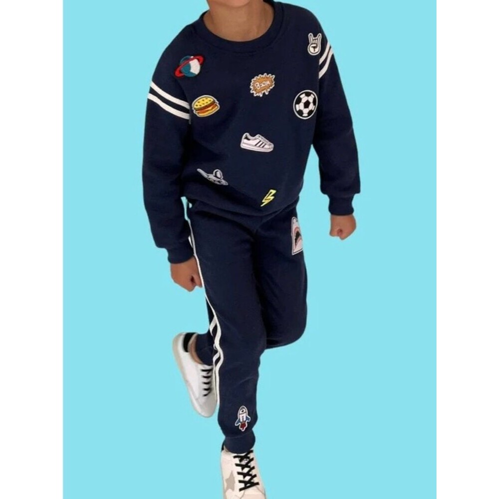 Lola + The Boys Kids Long Sleeve Embroidered Varsity Patch l Blue Jogger Set. 8